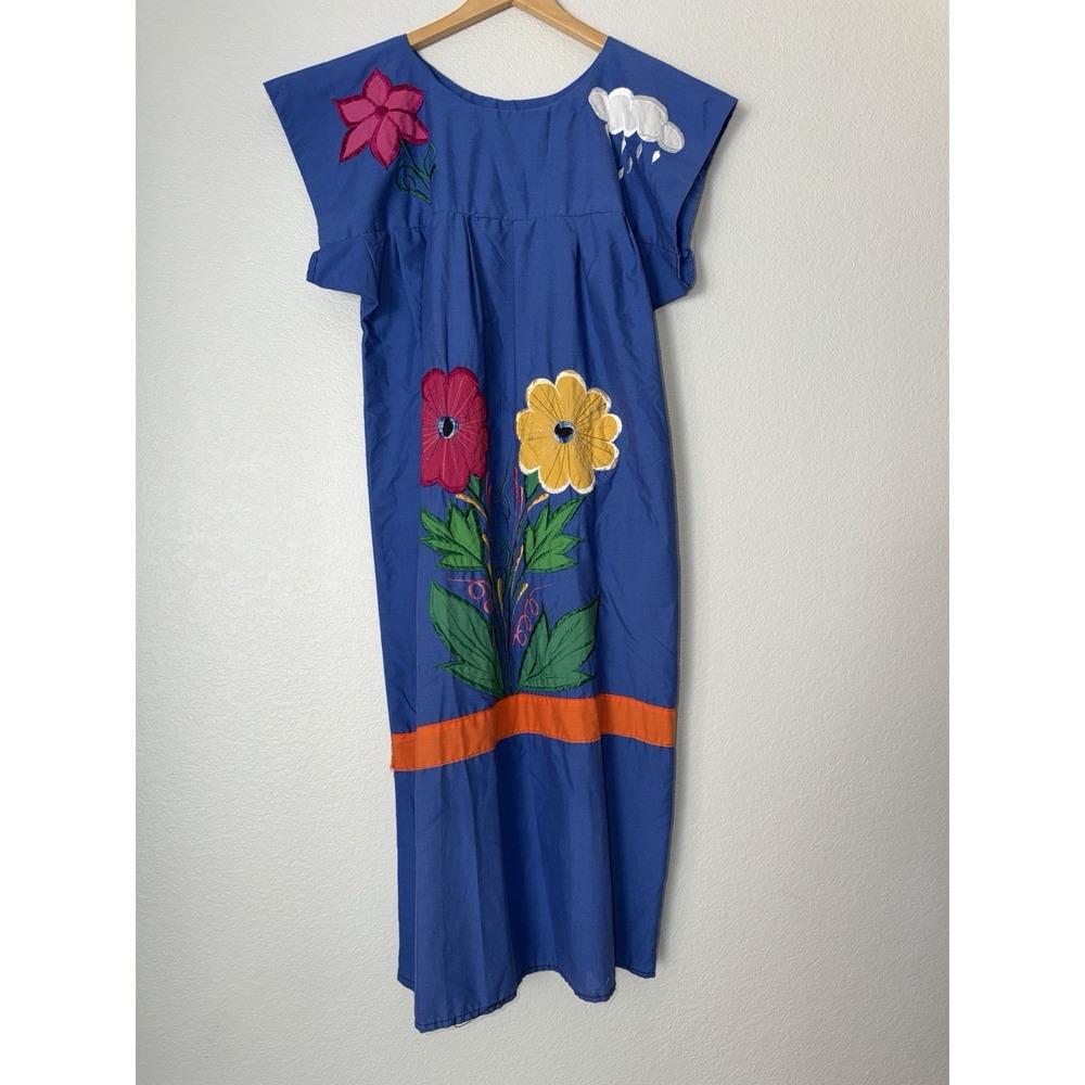 Vtg Handmade Mexican Embroidered Blue Floral Dress Colorful Folk Art Boho M/L